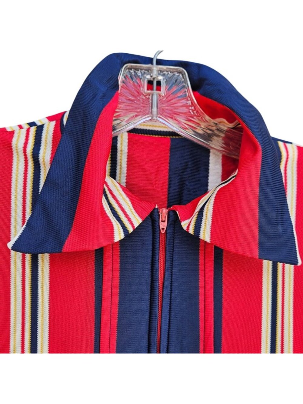Vintage 70s California Stripe Nylon Knit Dress Red White Blue Zip Front Womens M - Picture 4 of 14